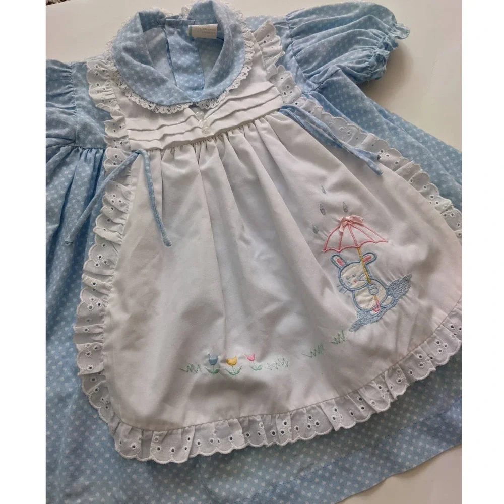 Vintage Girl's Pinafore Apron Dress, Light Blue Lace Rabbit Detail, Sz 18 Months